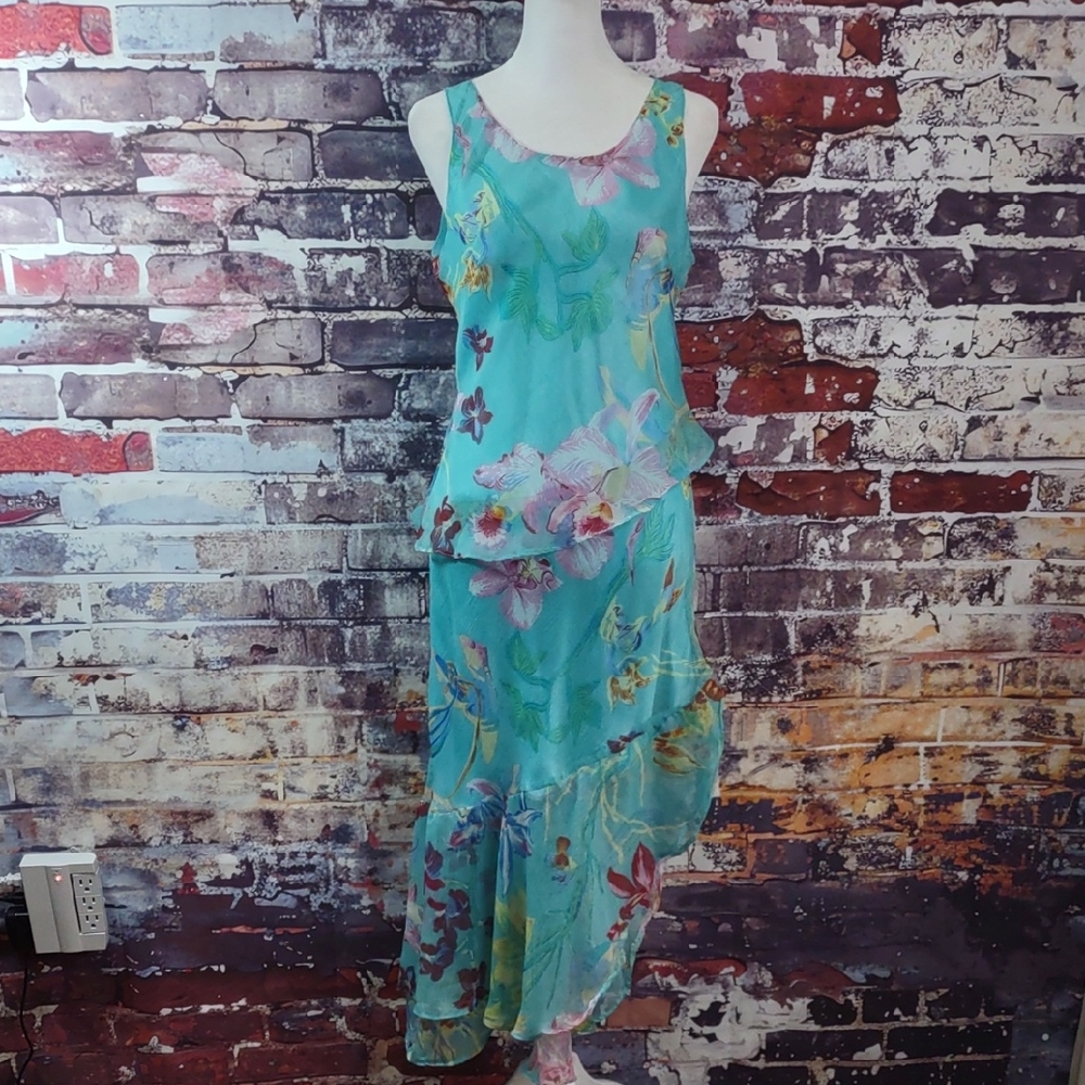 Nikky Floral Chiffon Layered Asymmetric Dress